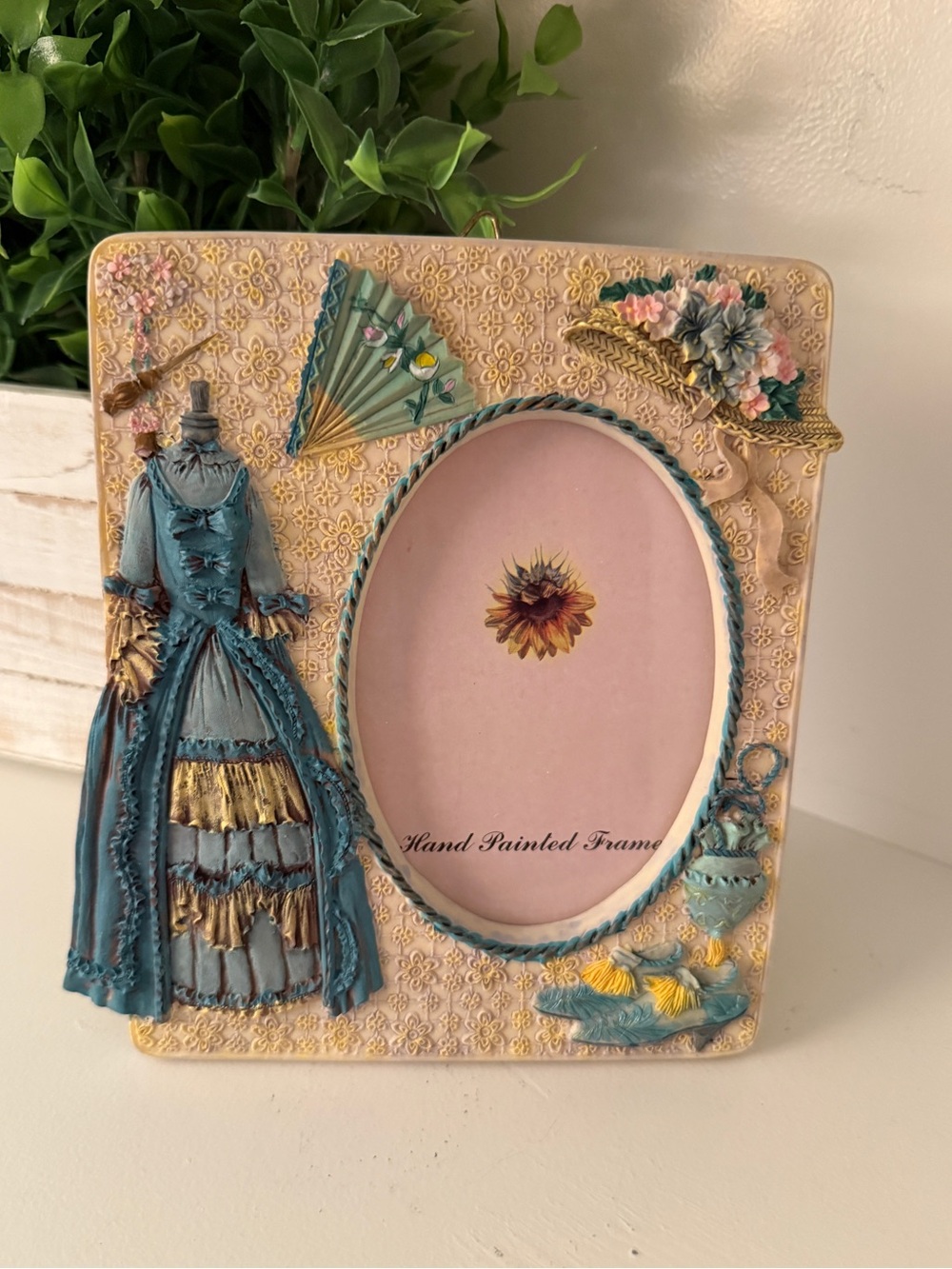 Victorian Dress Blue Hand Painted Resin Picture Frame 3.5x5 Photo Frame w/ Box